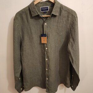 NWT Charles Tyrwhitt 100% Linen Shirt Mens Medium Slim Fit Olive Green Button Up